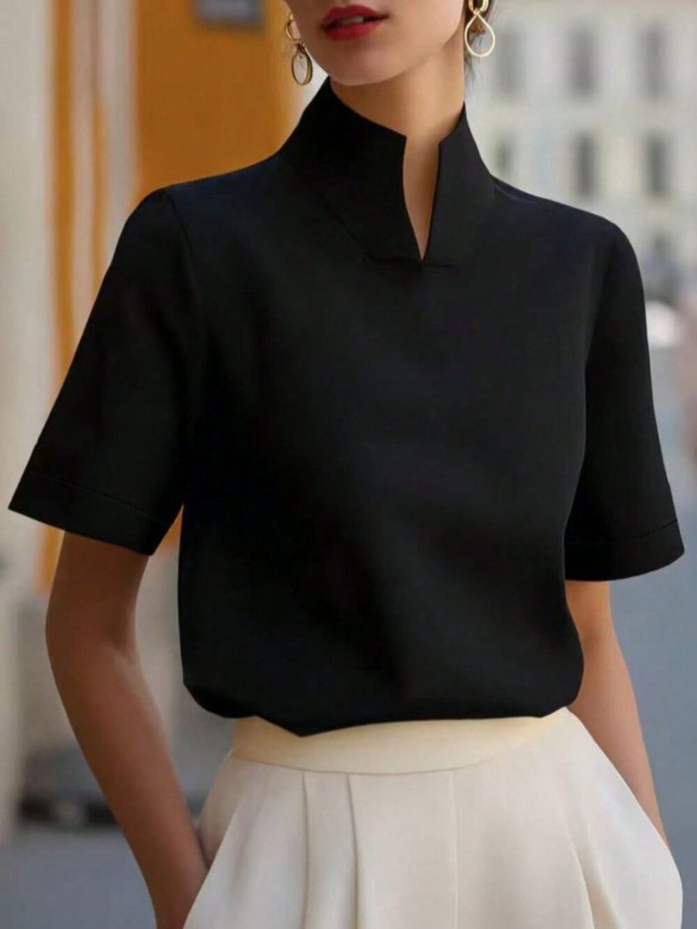 Black Casual Women's Elegant Rib Knit Stand Collar Short Sleeve Blouse Top